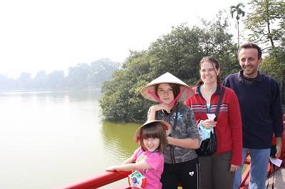 family on the bridge in Hanoi ,Vietnam