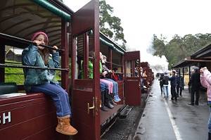 sitting legs out on the puffing billy railwa