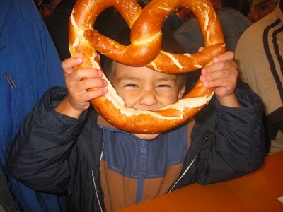 boy with giant pretzel