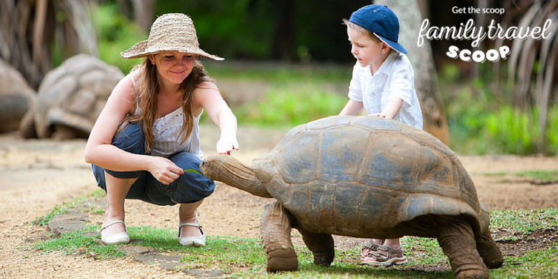 Child with giant turtle in Mauritius